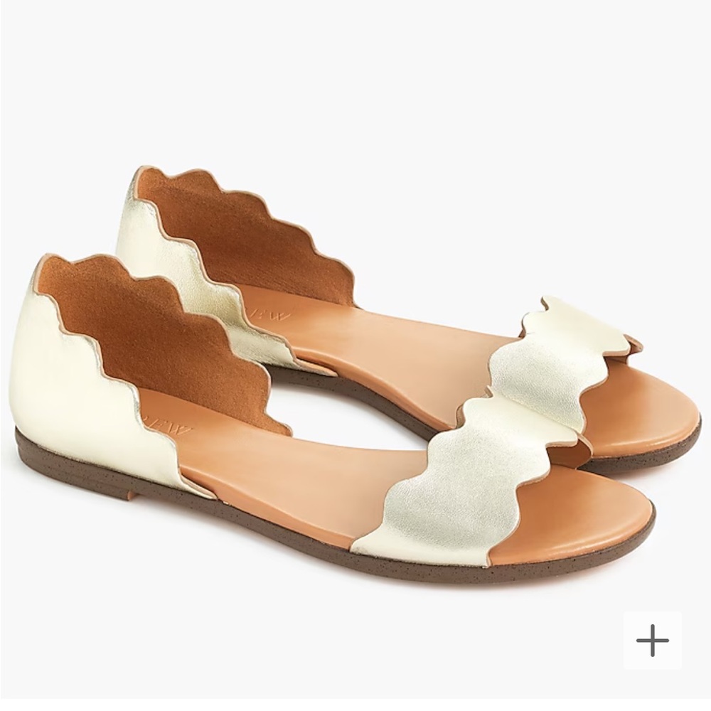 J Crew size 8 leather scallop peep toe flat. Gold. Never worn.